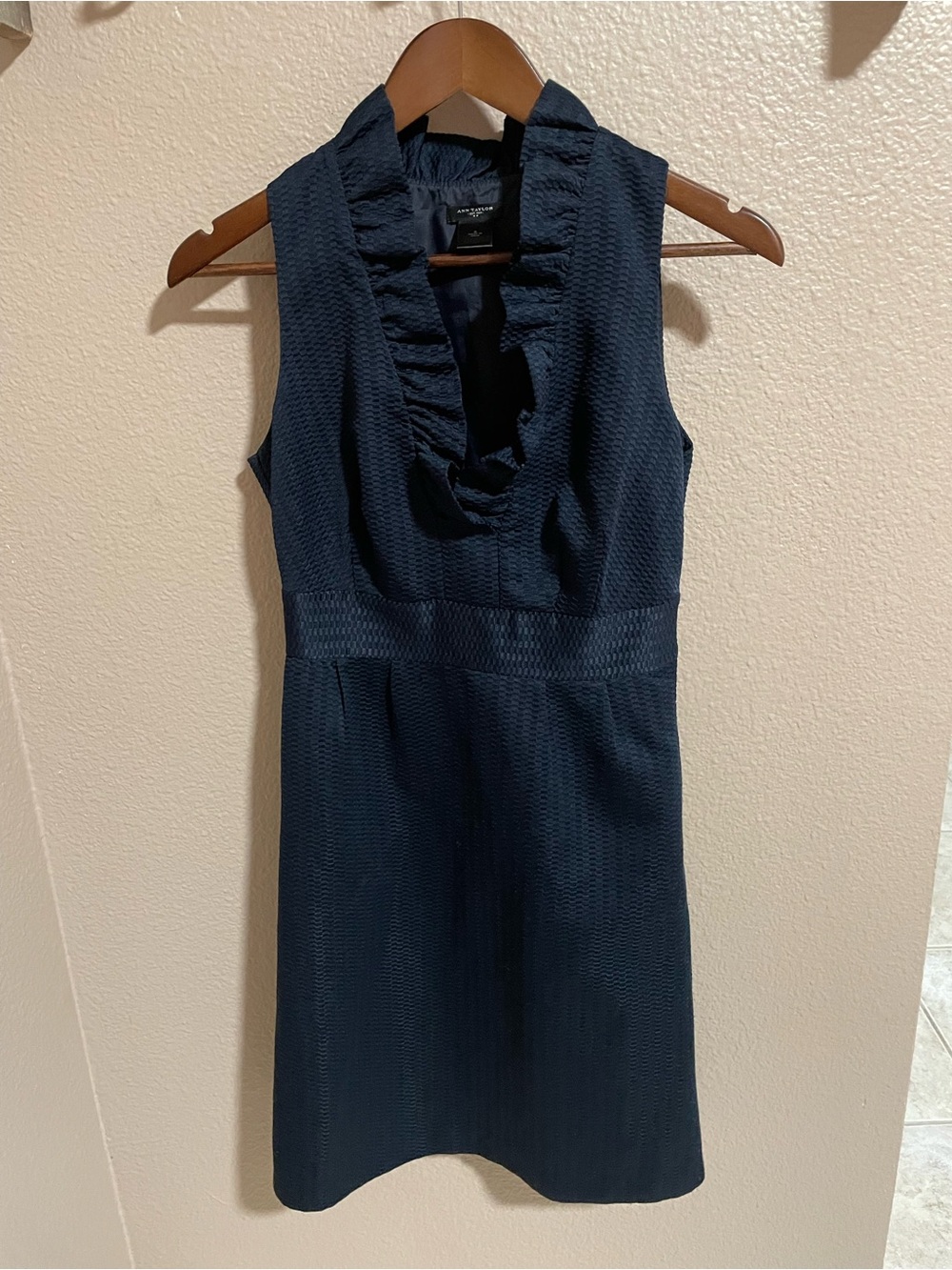 Ann Taylor Navy Ruffle V-Neck Sheath Dress